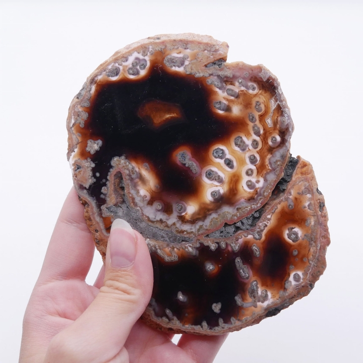 Wewnętrzna struktura agatu widoczna w prześwitującym, czarnym plastrze pod światło.