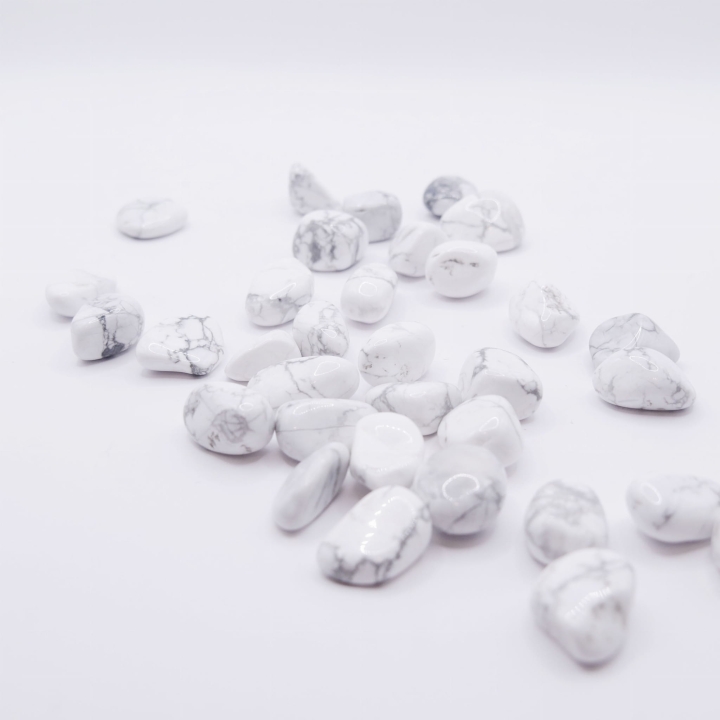 Grupa małych, polerowanych otoczaków z howlitu, ukazująca różnorodność 'marmurkowych' wzorów.