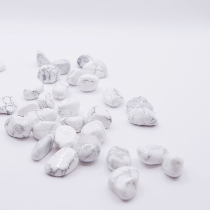 Zbliżenie na powierzchnię otoczaka z howlitu, widoczny charakterystyczny, pajęczynkowy wzór.