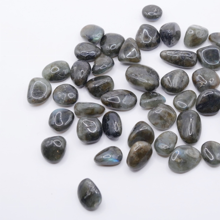 Grupa małych otoczaków z labradorytu, mieniących się różnymi kolorami tęczy.