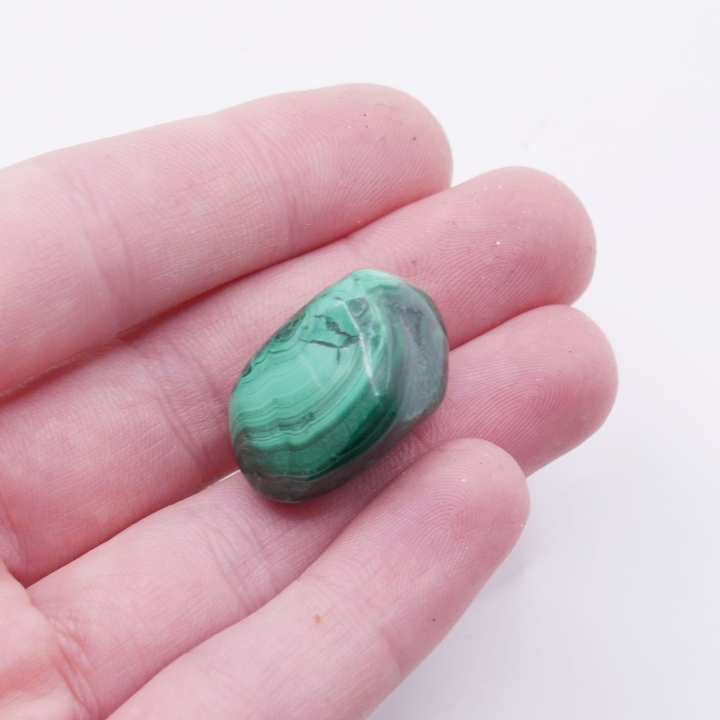 Polerowany kamień naturalny malachit o obłym kształcie, trzymany w dłoni.
