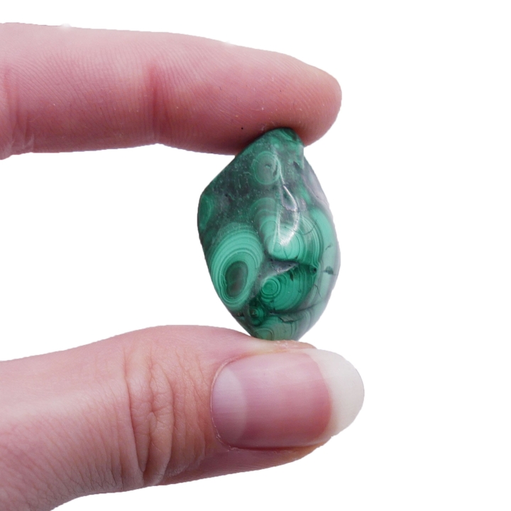 Gładki otoczak malachitu o artystycznym, zielonym wzorze na białym tle.