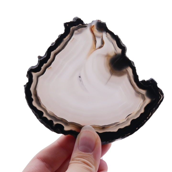 Dwustronnie polerowany plaster czarnego agatu o nieregularnym kształcie na białym tle.