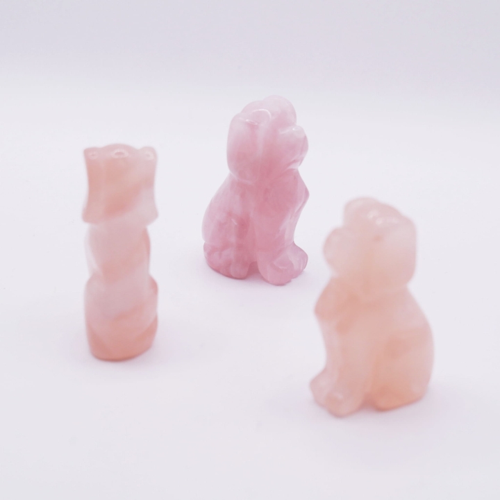 Zbliżenie na polerowaną powierzchnię różowego kamienia w kształcie psa.