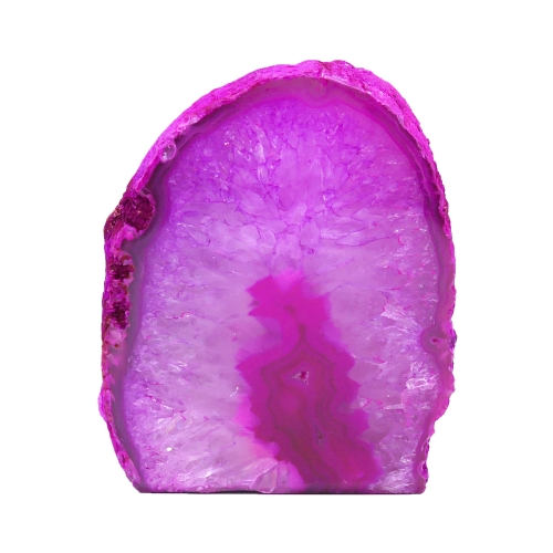 Różowy świecznik na tealight z naturalnego agatu z polerowanym frontem na białym tle.