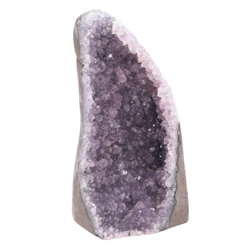 Pionowo stojąca szczotka ametystu z widocznymi kryształami na białym tle.