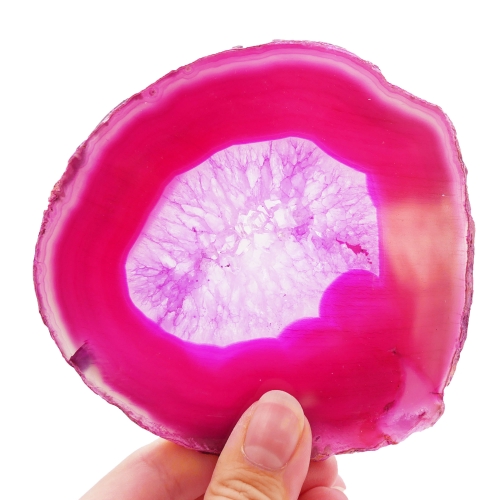 Różowy plaster agatu nr 073 – dwustronnie polerowana płytka z widocznym rytmem pasm mineralnych.