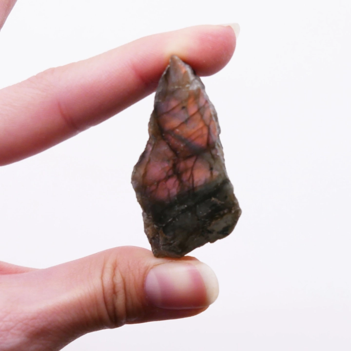 Zbliżenie na polerowaną powierzchnię labradorytu, widoczny niebieski lub złoty refleks labradoryzacji.