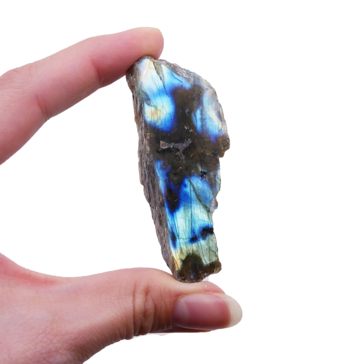 Labradoryt surowy cięty jednostronnie polerowany nr 081 – unikatowy okaz z lśniącą, kolorową płaszczyzną.