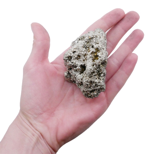 Naturalna bryła pirytu nr 014 o złotym, metalicznym odcieniu na białym tle.